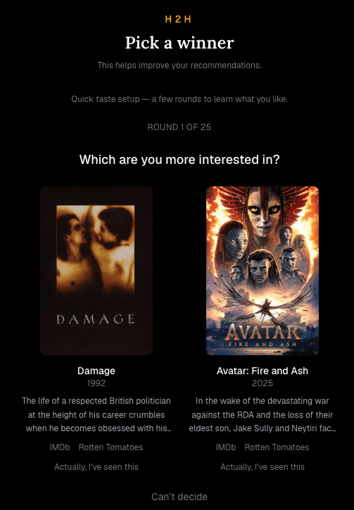 Reel In's Head-to-Head game, asking which of two movies you're more interested in.