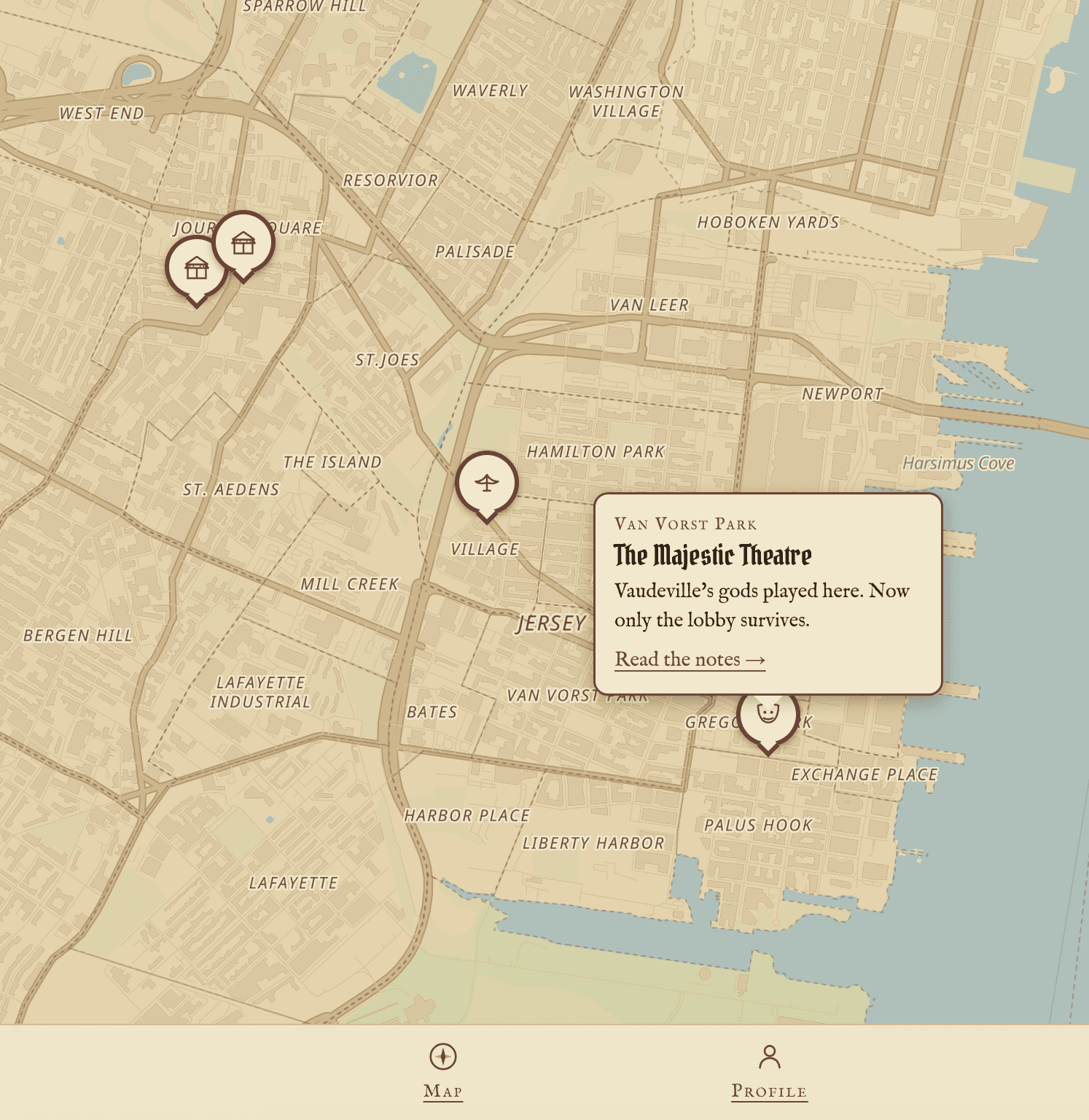 The Local Archives vintage map of Jersey City with a popup describing the Majestic Theatre.