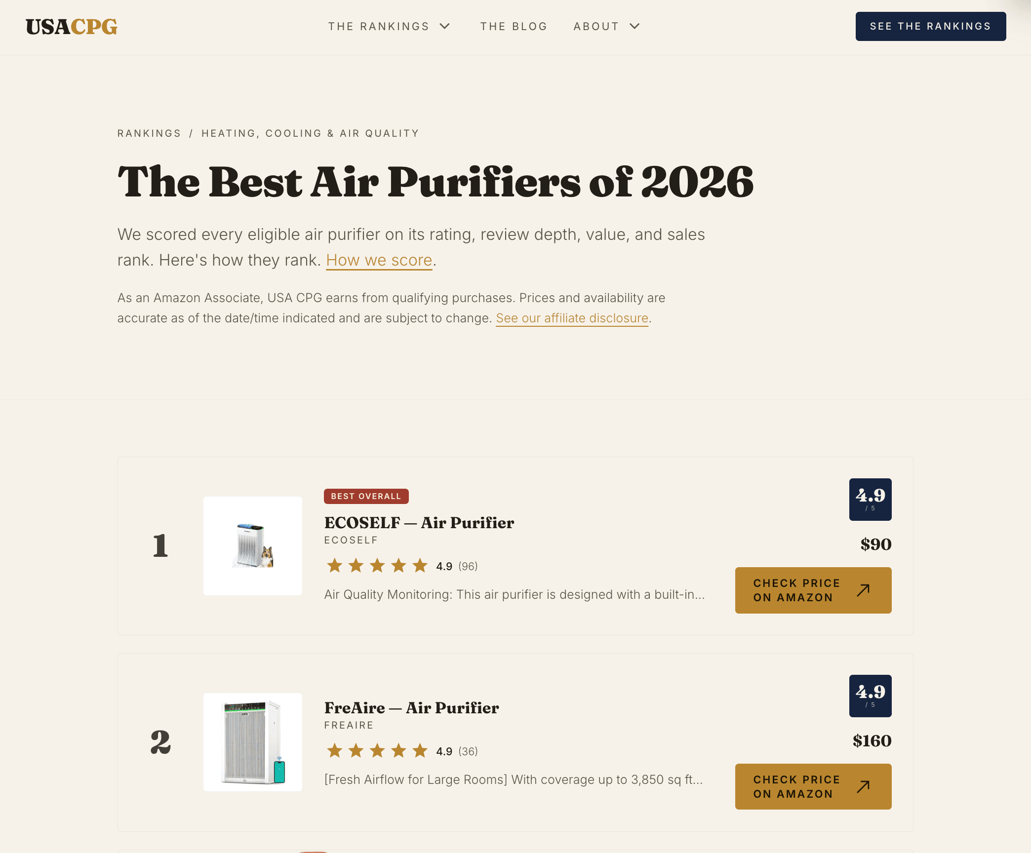 USA CPG ranking page listing the best air purifiers, each with a Quality Score and price.
