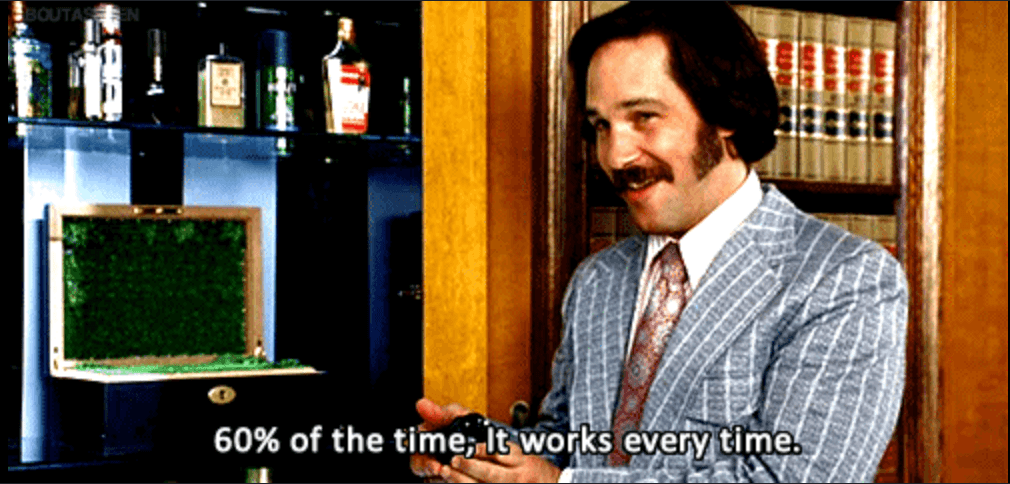 Still from Anchorman of Brian Fantana (Paul Rudd) confidently gesturing next to the line "60% of the time, it works every time," used to illustrate unreliable AI output despite heavy spend